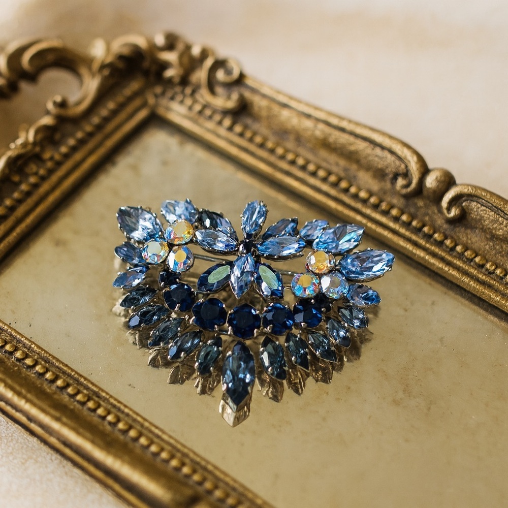 Vintage Austrian Blue Rhinestone Aurora Borealis Brooch MidCentury Statement Pin